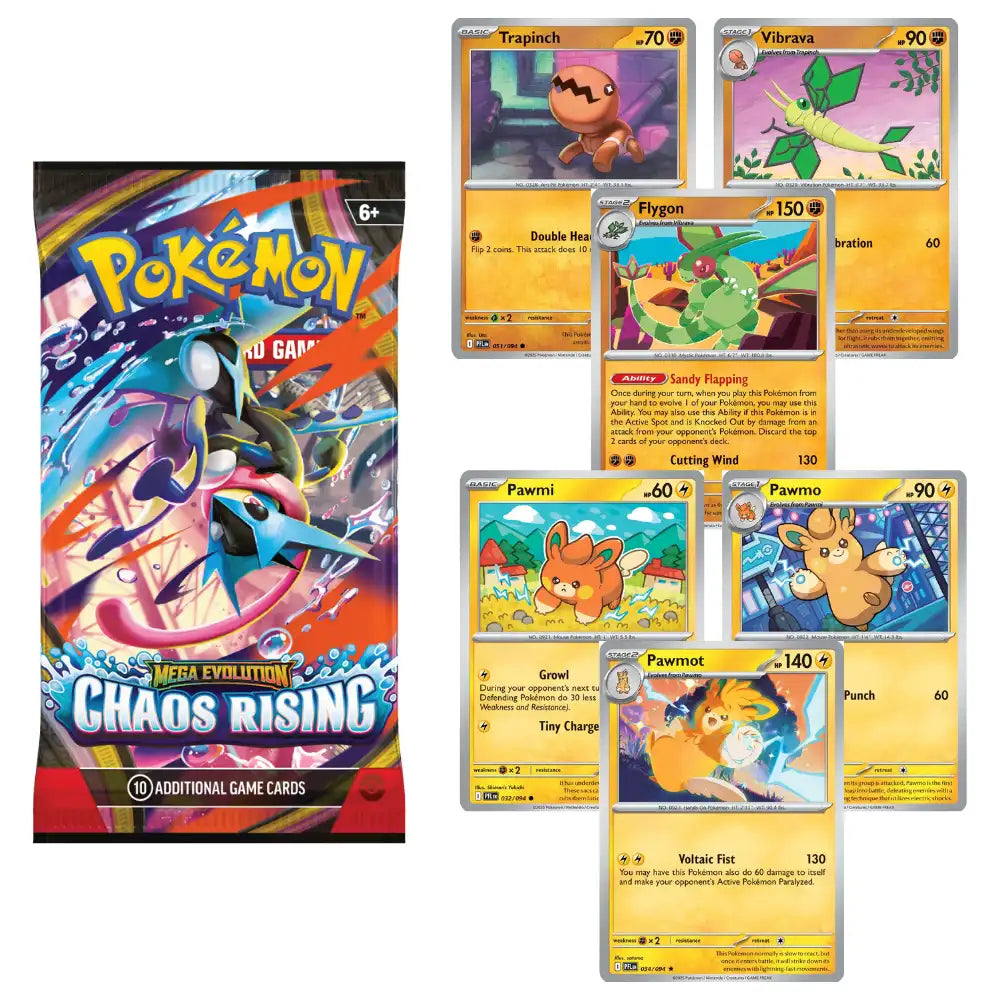 Alle sechs Promo-Karten der Chaos Rising Premium Blister – je drei pro Variante, eine Foil-Holo-Endentwicklung
