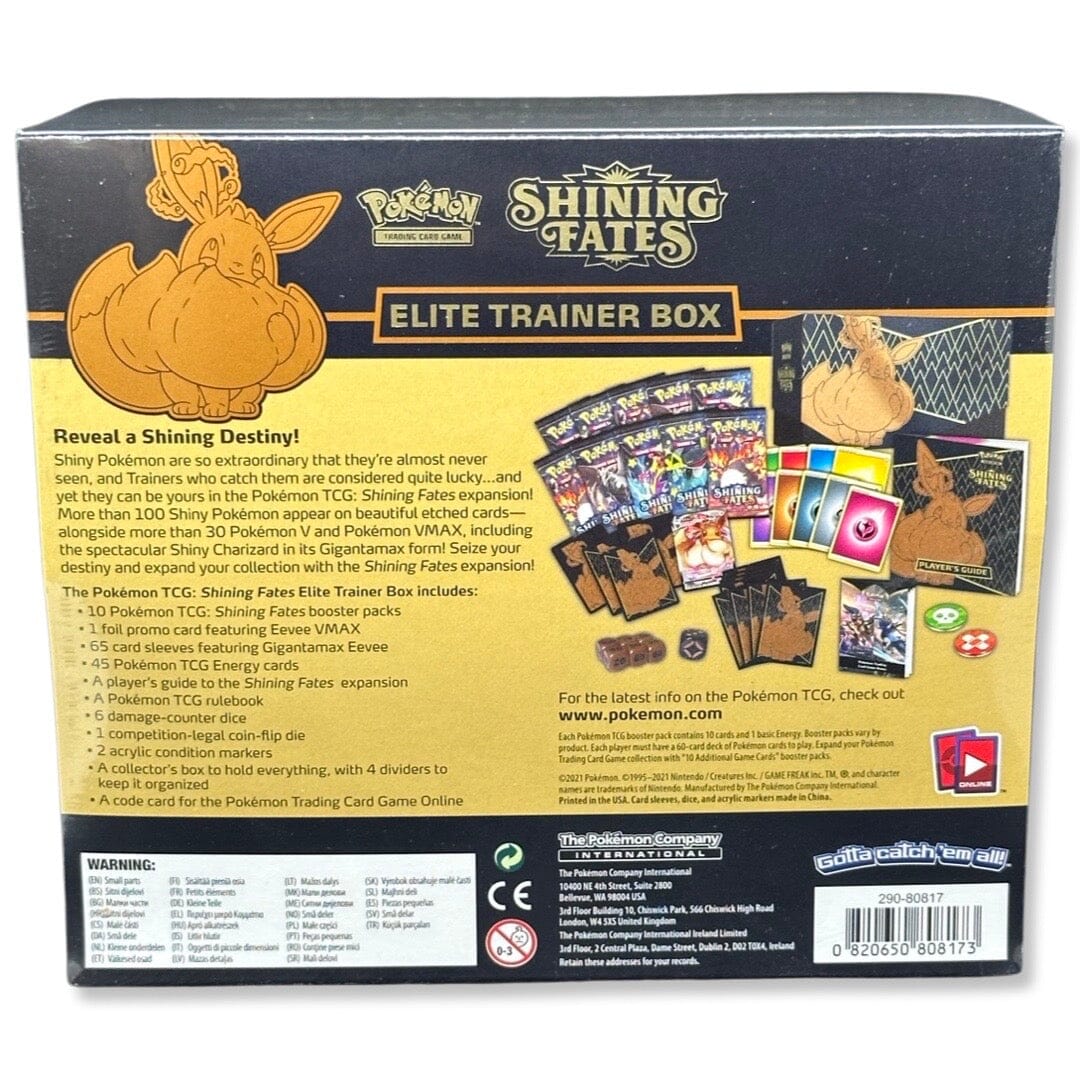 Pokemon Shining Fates ETB – Rueckseite der Box mit vollstaendiger Inhaltsliste und Shiny Pokemon Beschreibung