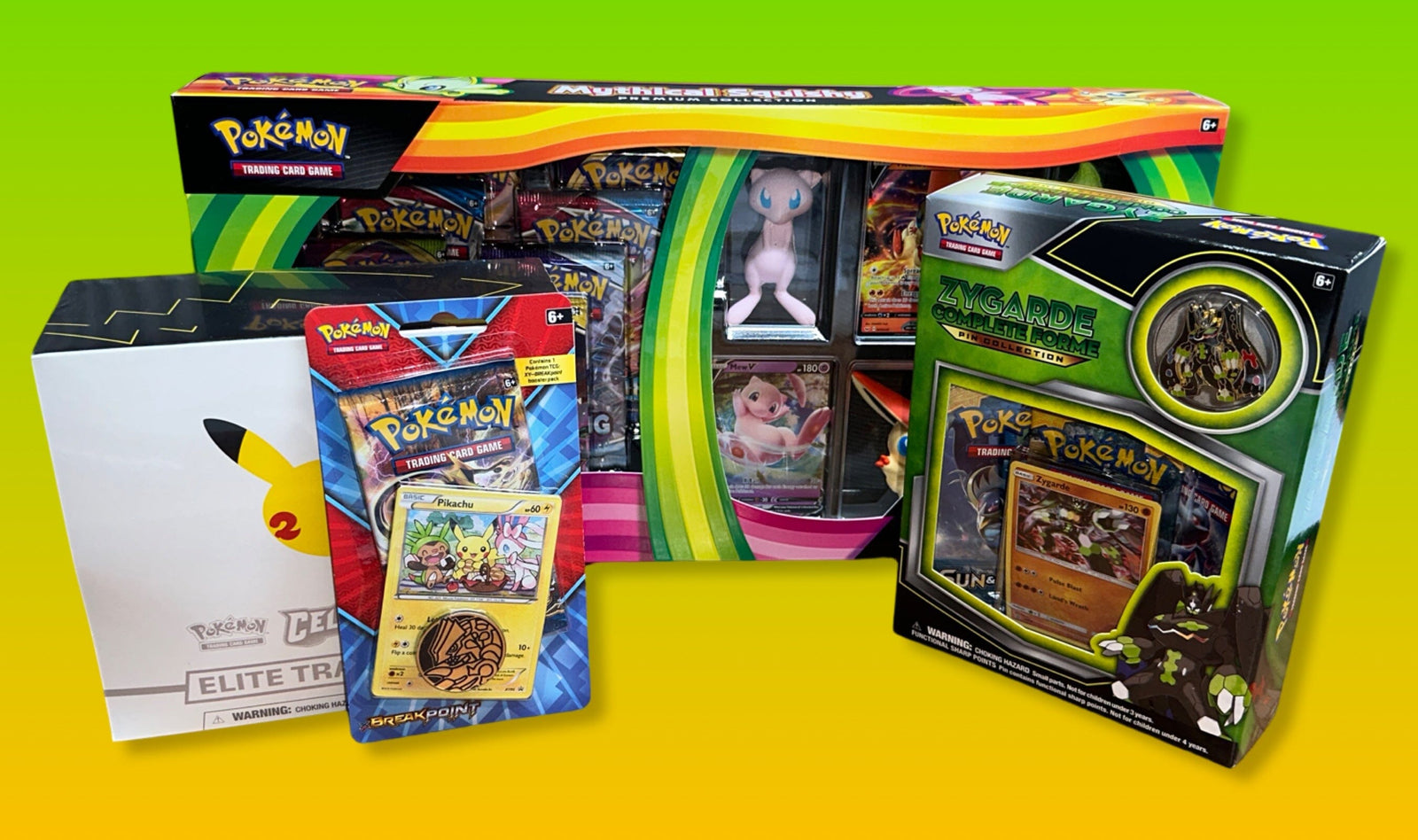 Pokemon Sammelkarten Pikachu Breakpoint, Mythical Squishy Collection, Zygarde Complete Form, Celebrations Elite Trainer Box