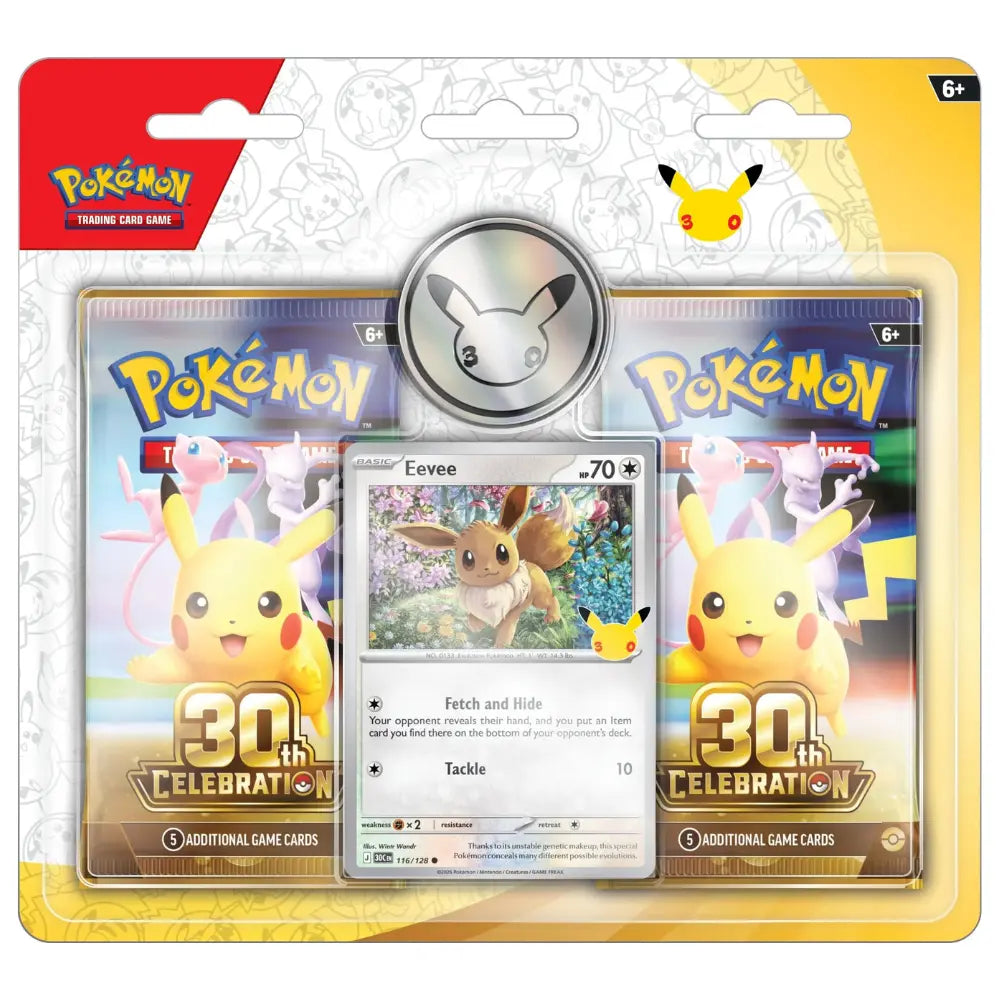 Pokemon 30th Celebration 2-Pack Blister Eevee – Vorderseite mit Foil-Promo und Münze – bei CardsRfun