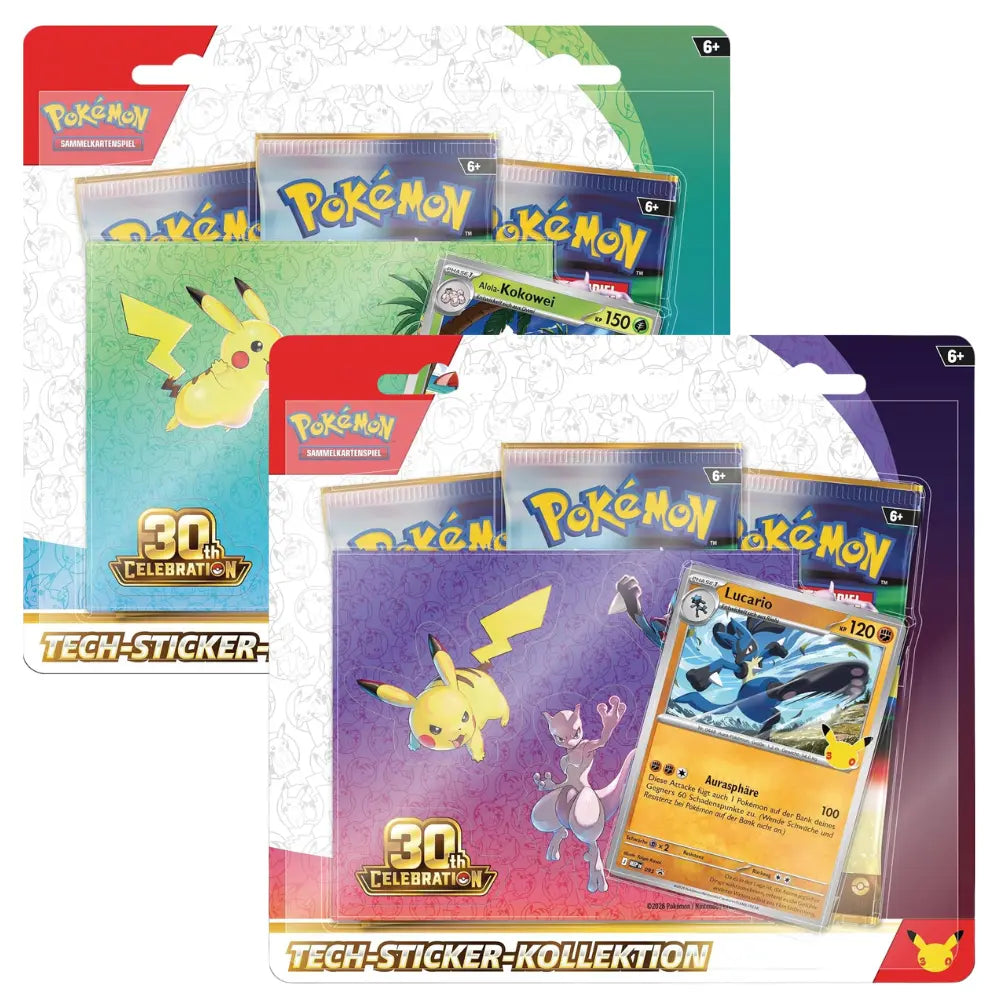 Pokemon 30 Jahre Tech Sticker Kollektion – Alola-Kokowei und Lucario im Vergleich – bei CardsRfun