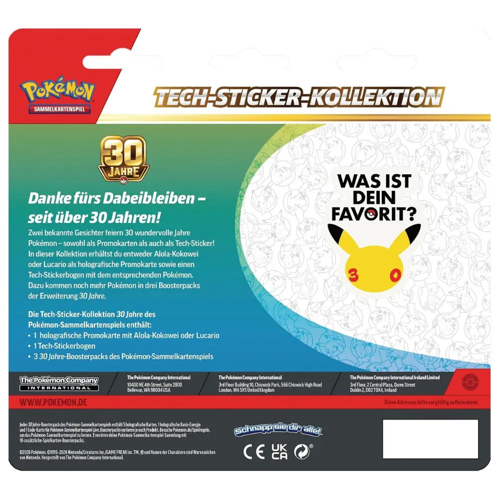 Pokemon 30 Jahre Tech Sticker Kollektion Alola-Kokowei – Rückseite mit Inhaltsangabe – bei CardsRfun