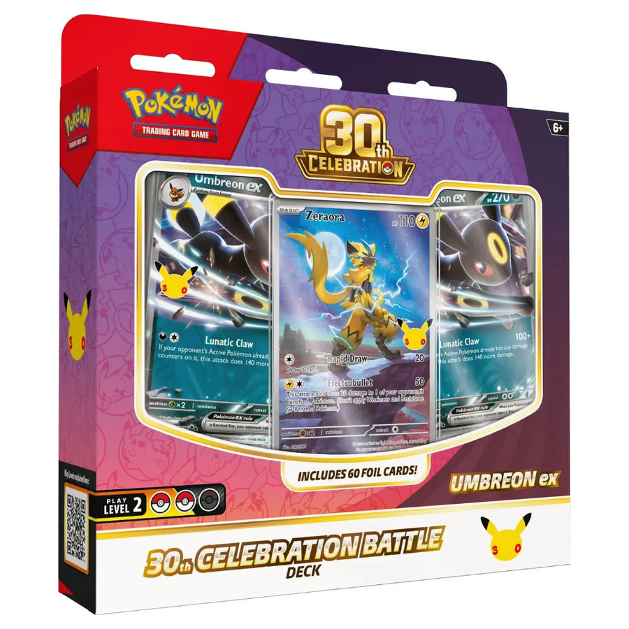 Pokemon 30th Celebration Battle Deck Umbreon ex – Box 3D-Ansicht mit Zeraora Promo und 60 Foil-Karten – bei CardsRfun
