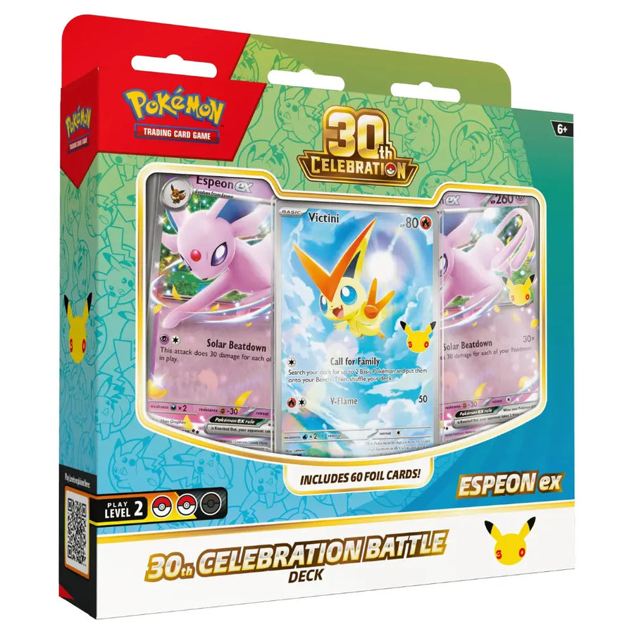 Pokemon 30th Celebration Battle Deck Espeon ex – Box 3D-Ansicht mit Victini Promo und 60 Foil-Karten – bei CardsRfun
