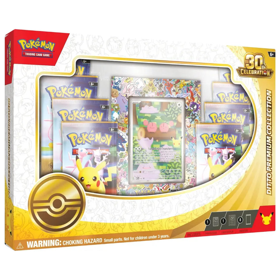 Pokemon 30th Celebration Ditto Premium Collection – Box-Front mit Ditto-Promo im Acryl-Display und 8 Boostern – bei CardsRfun