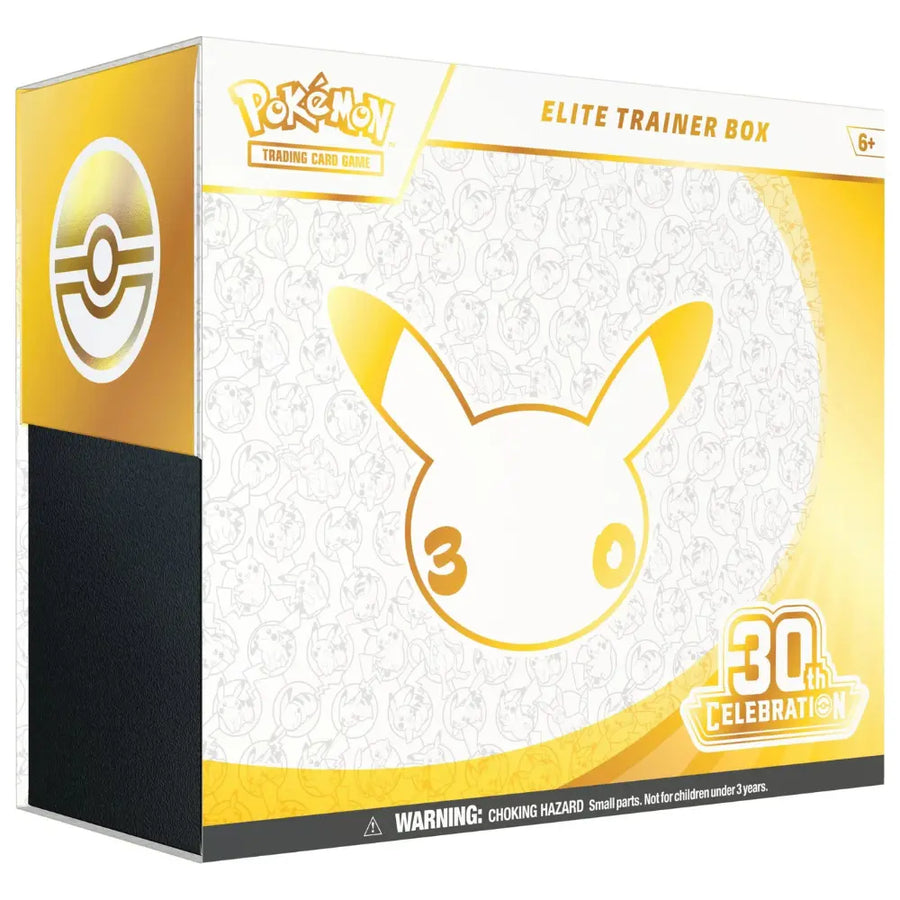 Pokemon 30th Celebration Elite Trainer Box – Box Seitenansicht weiß-gold mit 30th Celebration Logo – bei CardsRfun