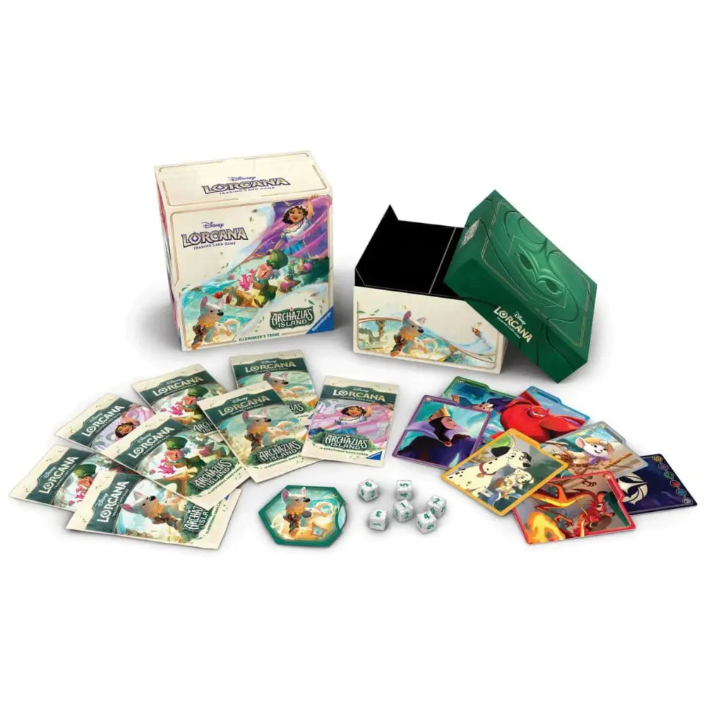 Disney Lorcana Archazia's Island Illumineer's Trove – Inhalt: Box, Kartentrenner, Würfel, Booster – bei CardsRfun