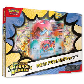 Pokemon Ascended Heroes Mega Feraligatr ex Box – Frontansicht mit Foil-Promo-Karte, 370 KP, Mortal Crunch und vier Boostern