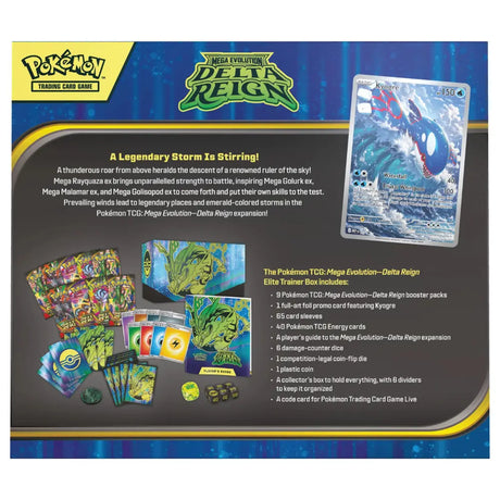 Rückseite Delta Reign Elite Trainer Box mit Kyogre-Promo und Inhaltsliste – bei CardsRfun
