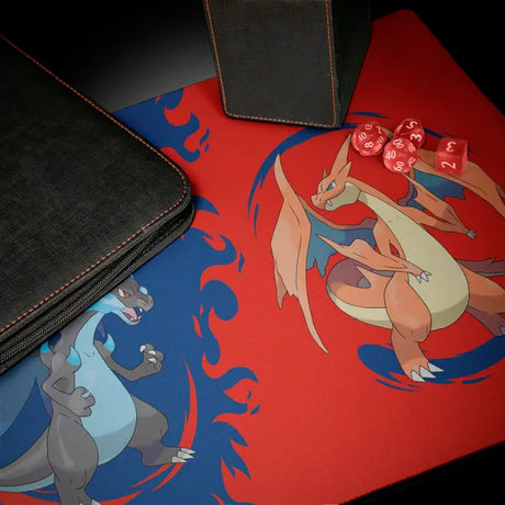Ultra Pro Mega Charizard Playmat mit Deckbox und Würfeln im Einsatz – bei CardsRfun