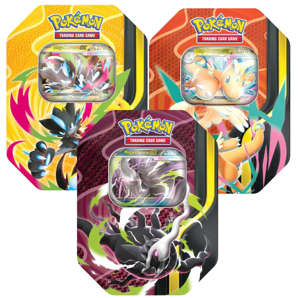 Pokemon Mega Kräfte Tin drei Promokarten Zeraora Dragoran Darkrai DE – bei CardsRfun
