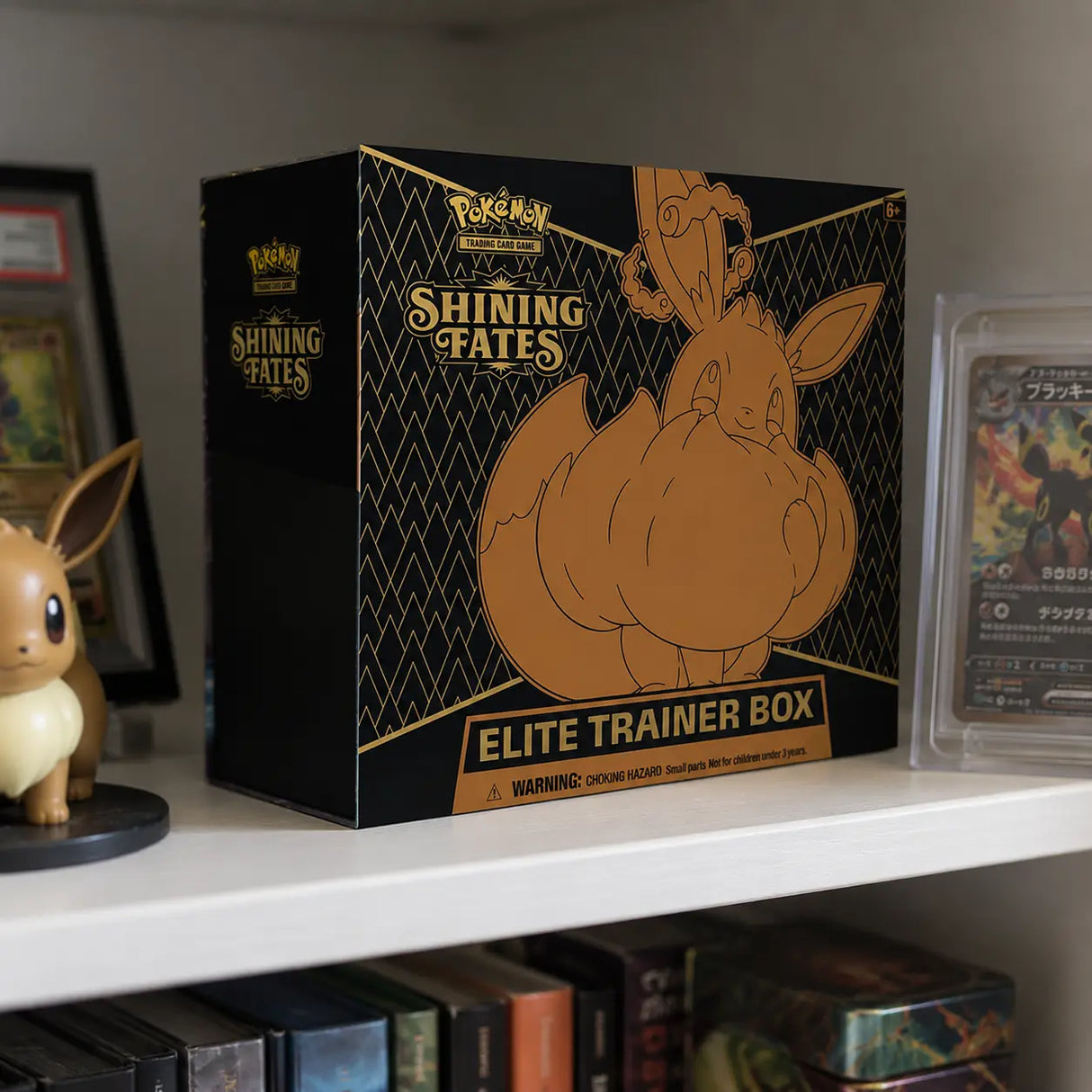 Pokemon Shining Fates Elite Trainer Box im Regal – Lifestyle mit Eevee-Figur und gegradetem Umbreon auf weissem Regal