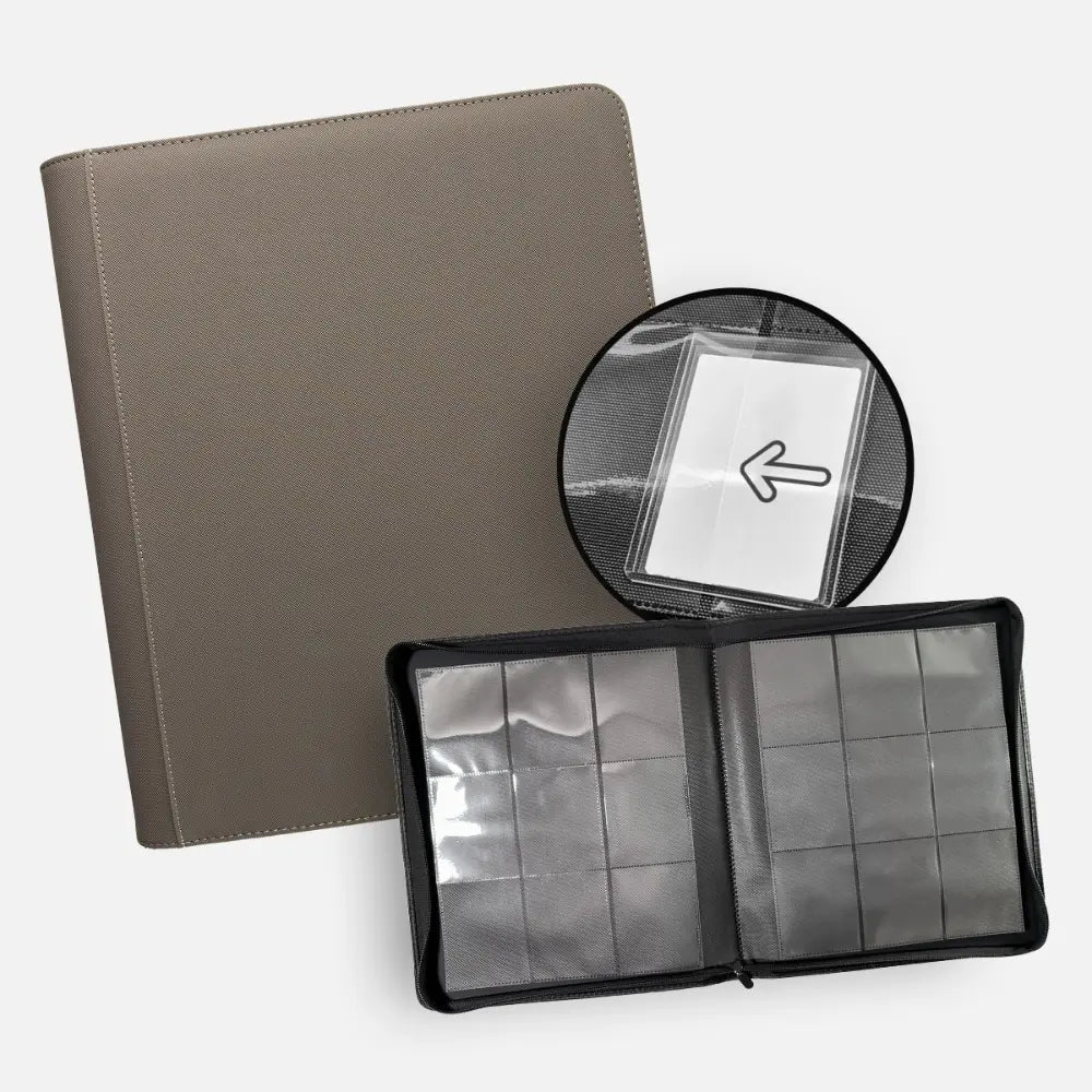 TCG Guru 9-Pocket Toploader Zip Binder Xenon Gray – geöffnet mit Sideloading-Fächern – bei CardsRfun