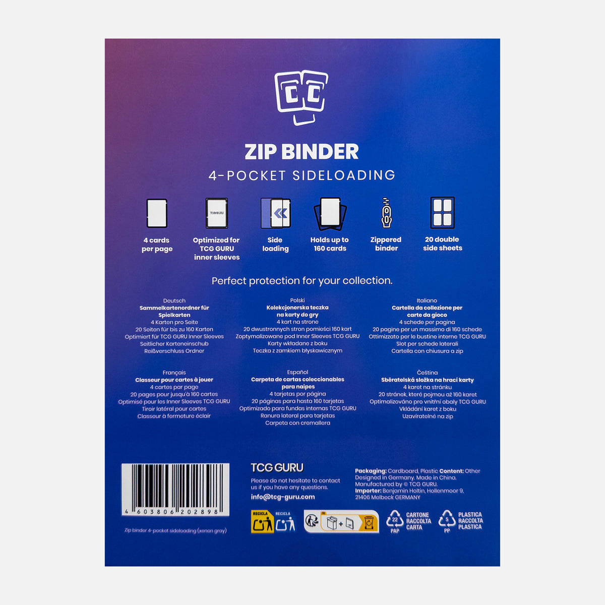 TCG Guru Zip Binder Xenon Grey Produktdetails Rückseite – bei CardsRfun