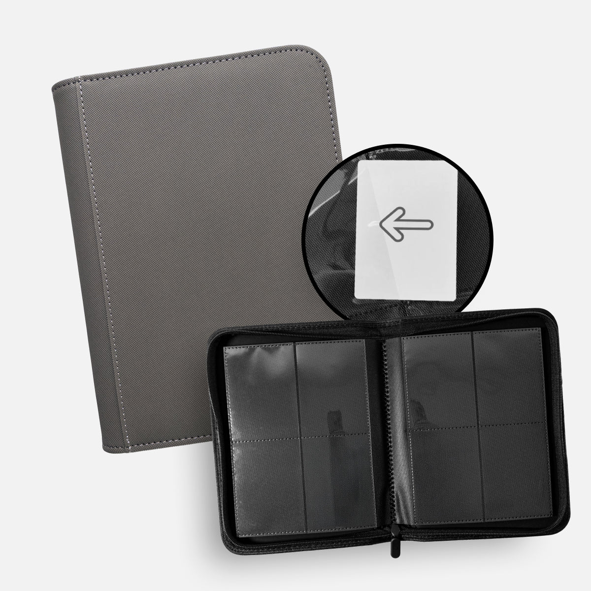 TCG Guru Zip Binder Xenon Grey offen mit Sideloading-Fächern – bei CardsRfun